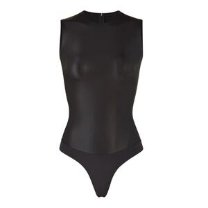 SKIMS Faux Leather Crewneck Thong Bodysuit - Onyx Black